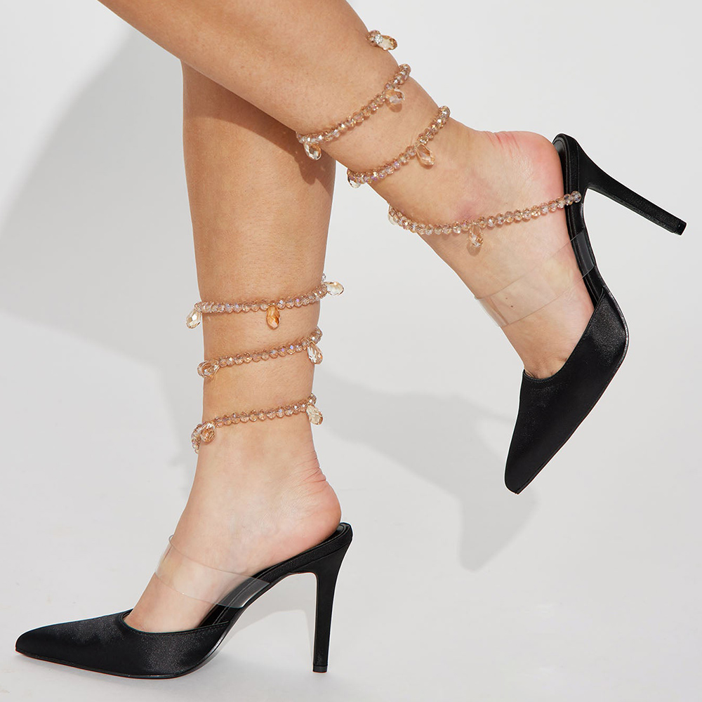 Black Satin Closed Toe 3'' Stiletto Heel Crystal Strappy Pumps Nicepairs