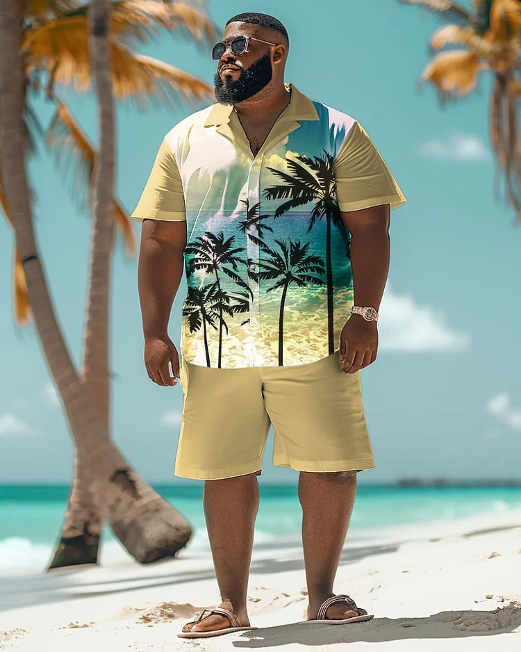 Men's Plus Size Beach Print Series Short Sleeve Shirt Shorts Suit
