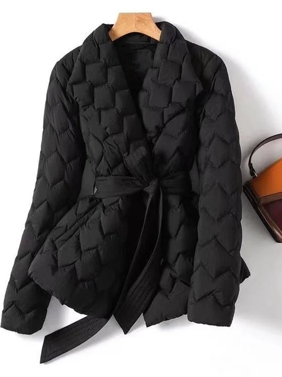 Brownm Ripple Quilted Lightweight Down Lapel Belt Tight Coats