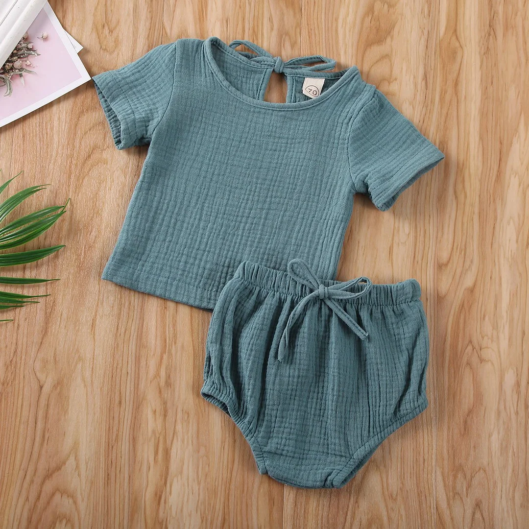 2020 Baby Summer Clothing Newborn Kids Baby Boy Girl Clothes Cotton&Linen Tops+Shorts Pants Solid 2pcs Short Sleeve Outfits Set
