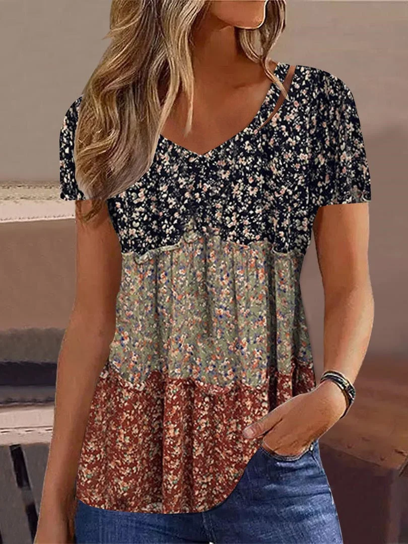 Women's Short Sleeve V-neck Floral Printed Stitching Top