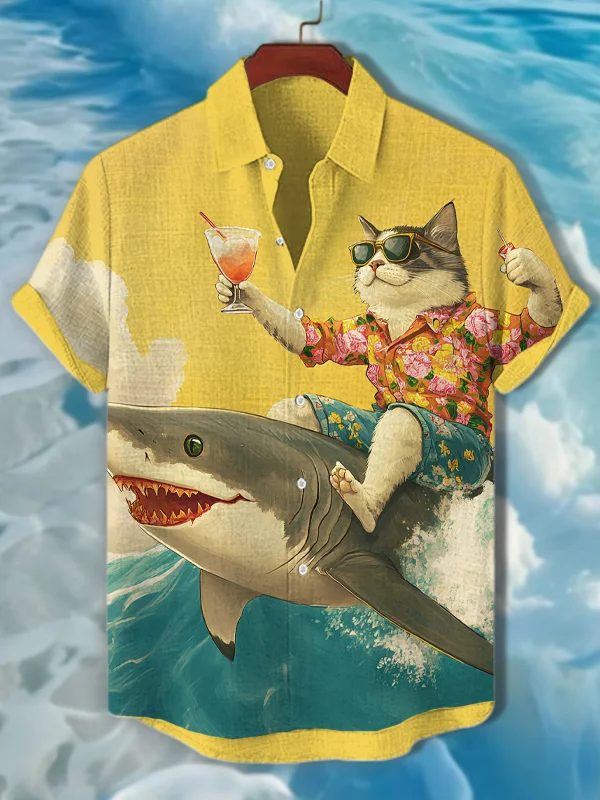 Men's Shark And Cat Surfing Art Print Short Sleeve Shirt