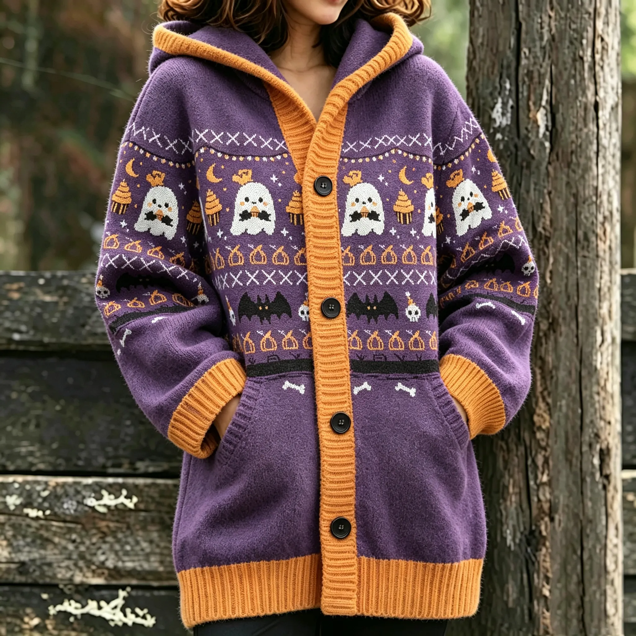 Comstylish Women's Halloween Ghost Bat Print Hooded Cardigan Sweater