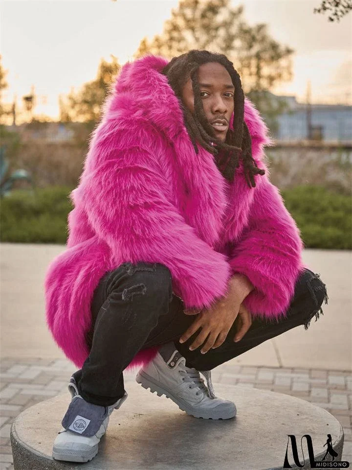 MidiSono - Fashionable Men's Pink Hooded Faux Fur Coat