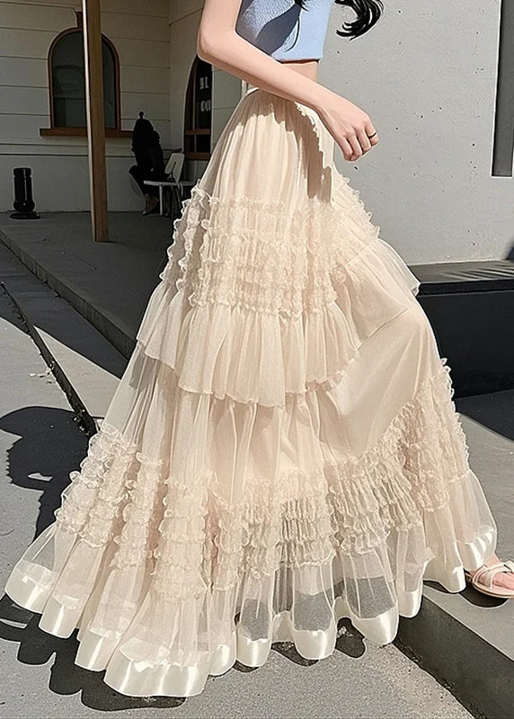 Fashion Apricot Ruffled Elastic Waist Tulle Maxi Skirts Summer