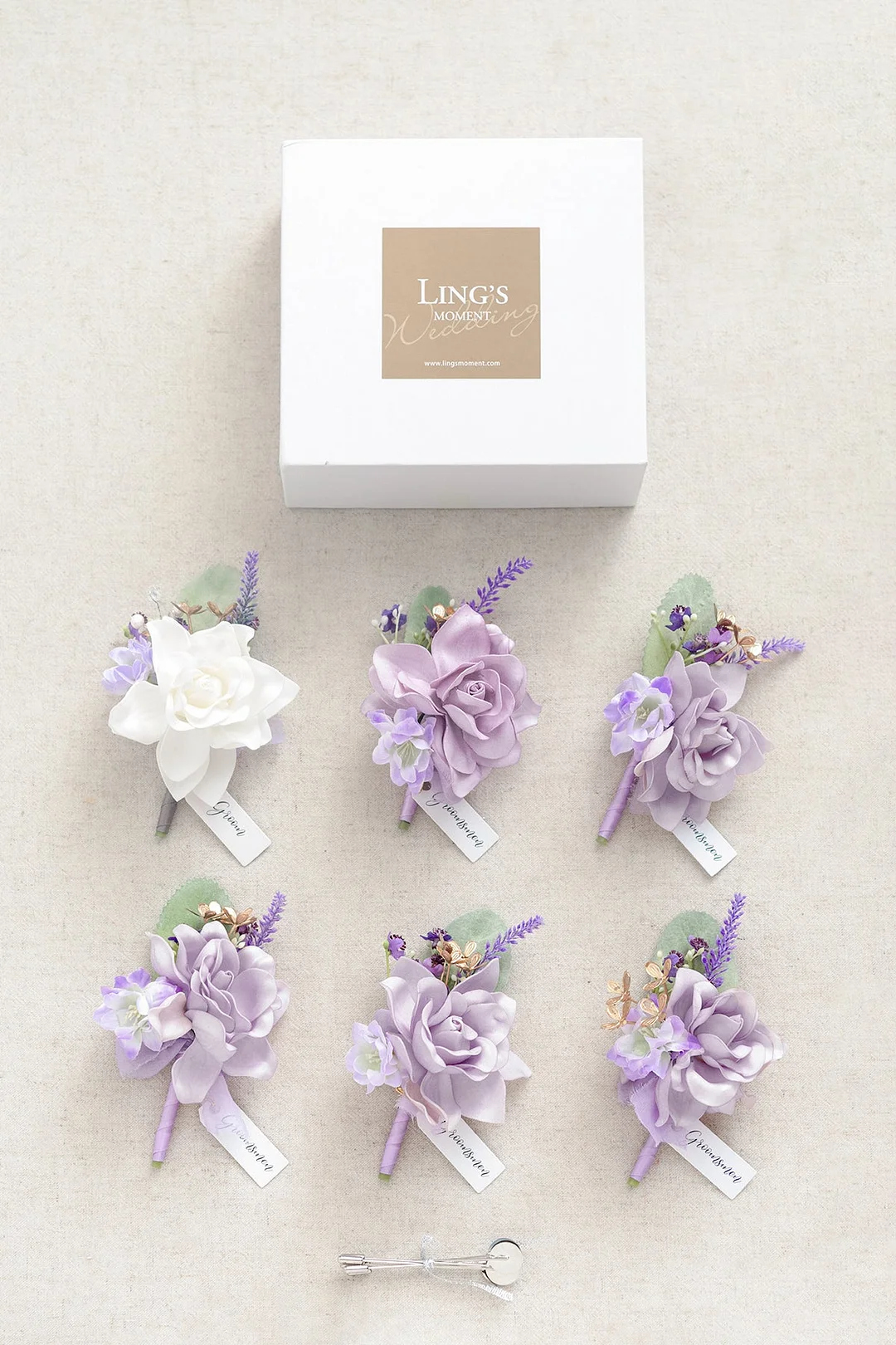 Boutonnieres in Lilac & Gold