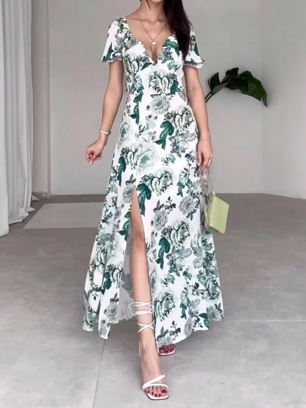 Floral Printed Split-Side Empire Short Sleeves V-Neck Maxi Dresses