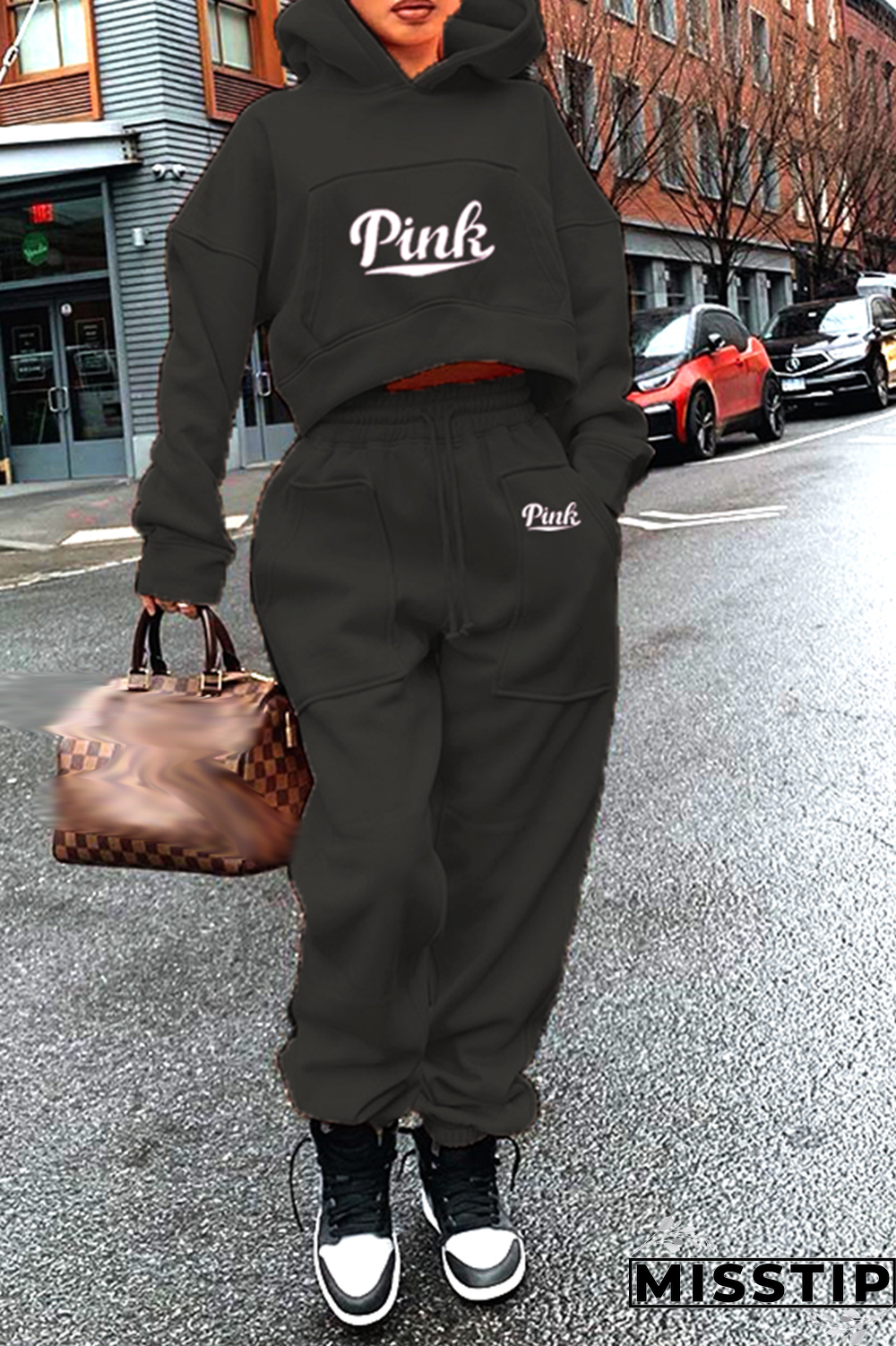 Burgundy Fashion Print Patchwork Hooded Collar Long Sleeve Two Pieces