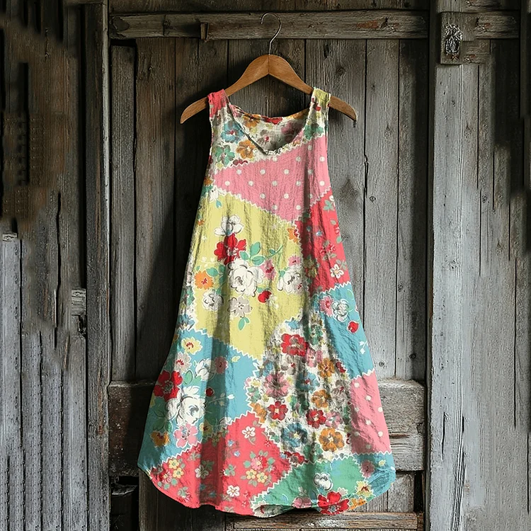 Vintage Floral Geometric Art Linen Blend Tank Dress