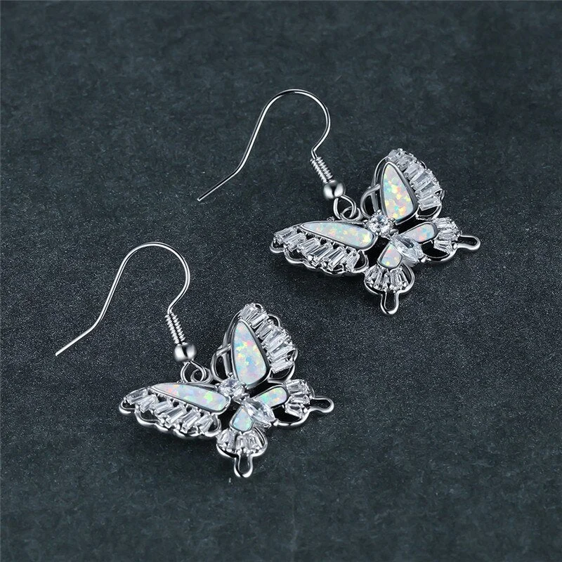 Luxury Crystal Zircon Butterfly Drop Earrings White Blue Opal Stone Dangle Earrings Antique Gold Silver Color Earrings For Women