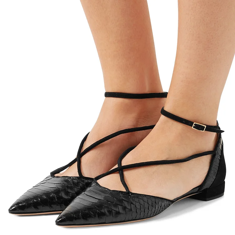 Black Pointy Toe Flats Python Ankle Strap Shoes |FSJ Shoes