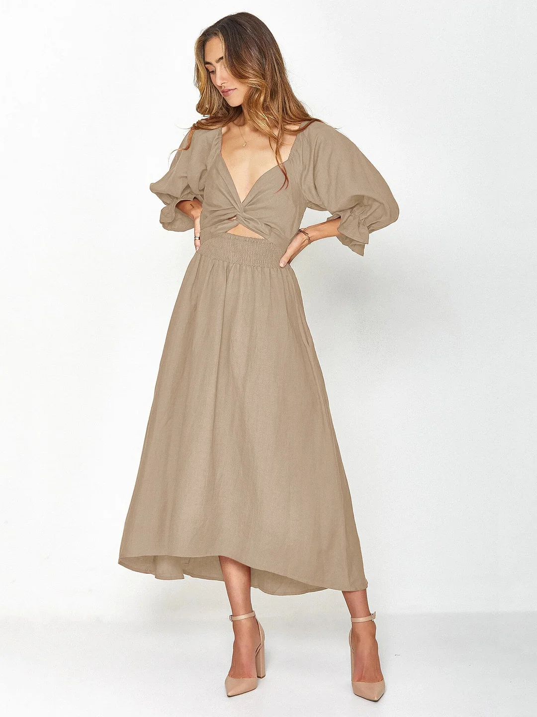 Spring Summer Women Casual Dress Elegant Solid Cut Out Long Lantern Sleeve High Waist Square Collar Streetwear Midi Dress 2023