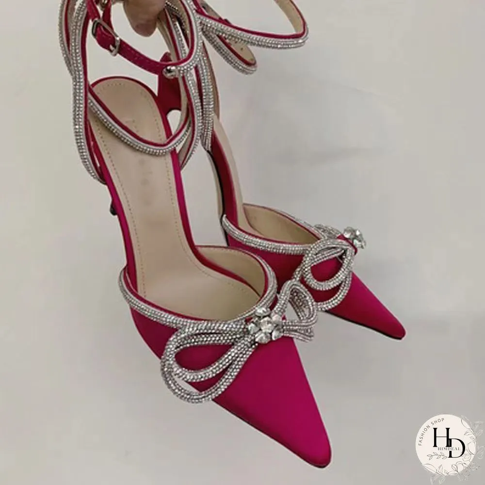 Rhinestones Bowknot Sandals For Women Sexy Buckle Strap Ladies High Heel Pumps Pointed Toe