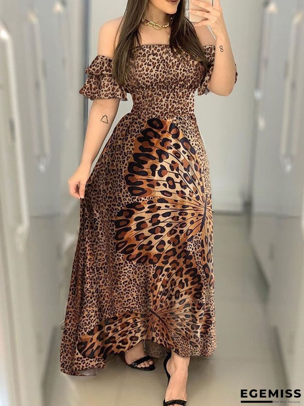 Butterfly Print Dress Leopard Print Off Shoulder Girdle Waist Big Swing Evening Dress Lotus Leaf Sleeve Long Skirt | EGEMISS