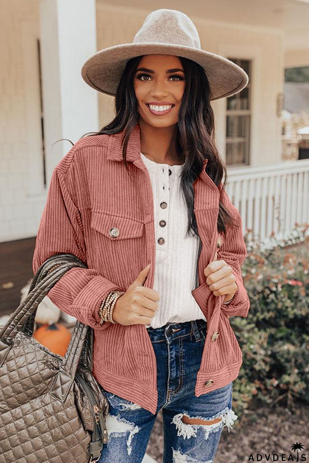 Ribbed Corduroy Long Sleeve Jacket with Pocket