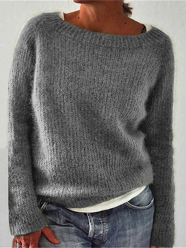 Women plus size clothing Women Long Sleeve Scoop Neck Solid Color Sweater Tops-Nordswear
