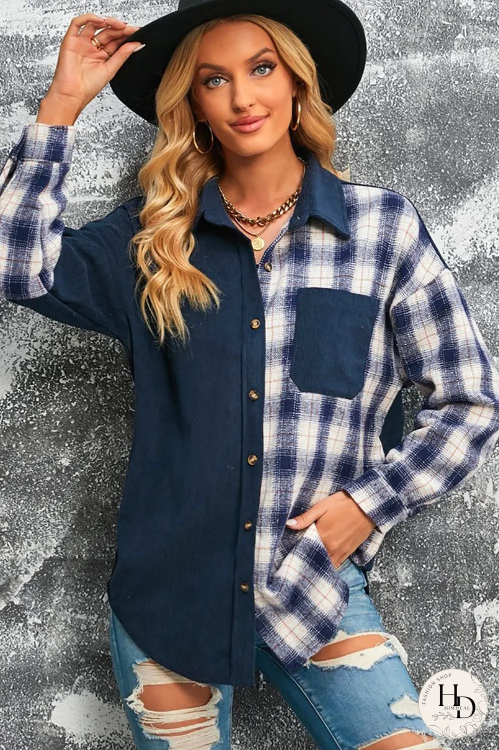 Double Take Plaid Color Block Dropped Shoulder Corduroy Shacket