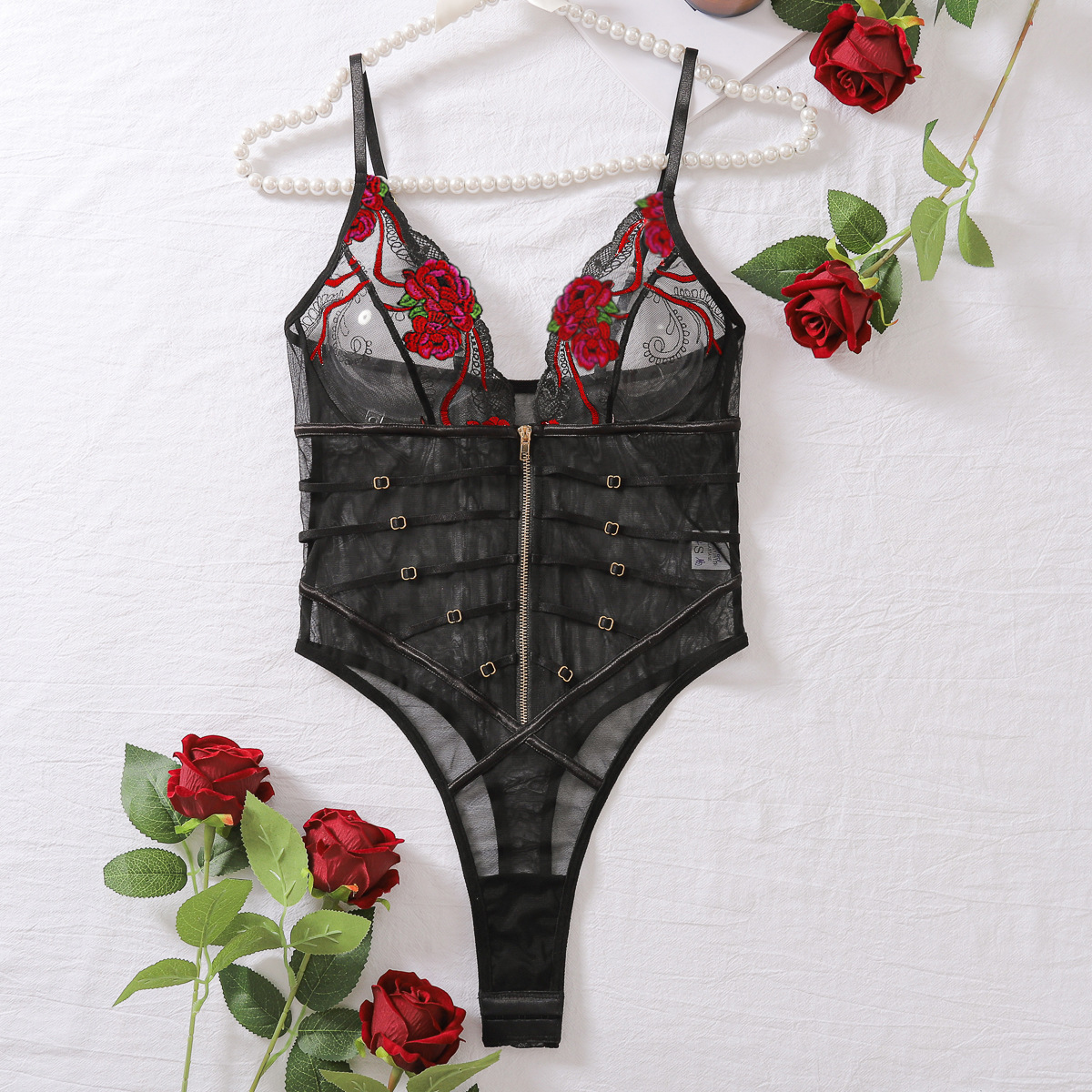 Lovingerie - Sexy Lace Mesh Transparent V-neck Hollow-out Erotic Sling Bodysuit