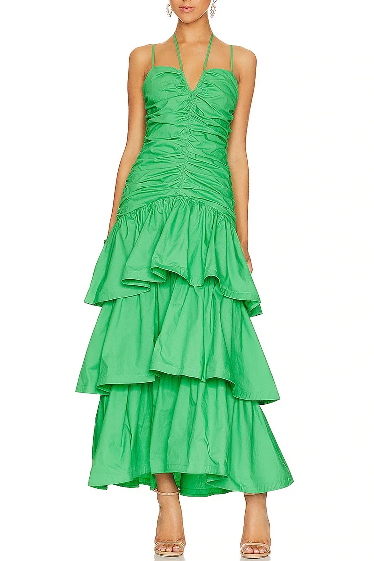 Halter Cami Irregular Neck Ruched Tiered Pleated Ruffle Hem A-line Maxi Dress
