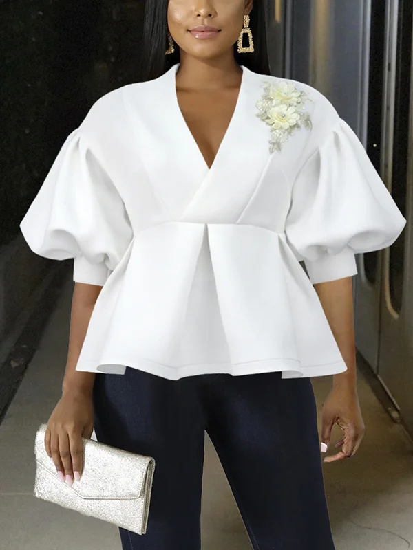 Asymmetric Embroidered Pleated Split-Joint Half Sleeves Loose Deep V-Neck Blouses&Shirts Tops