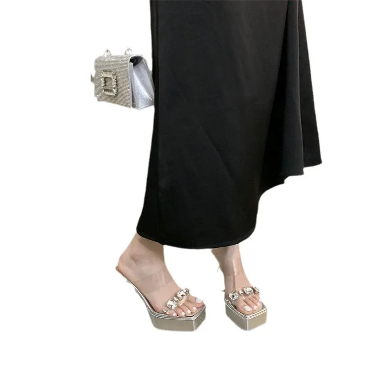 Yyvonne Word With Transparent Thick Bottom Cool Slippers Women Summer Coarse And Waterproof Table Small Man Super High Square Korean Version Of Slippers