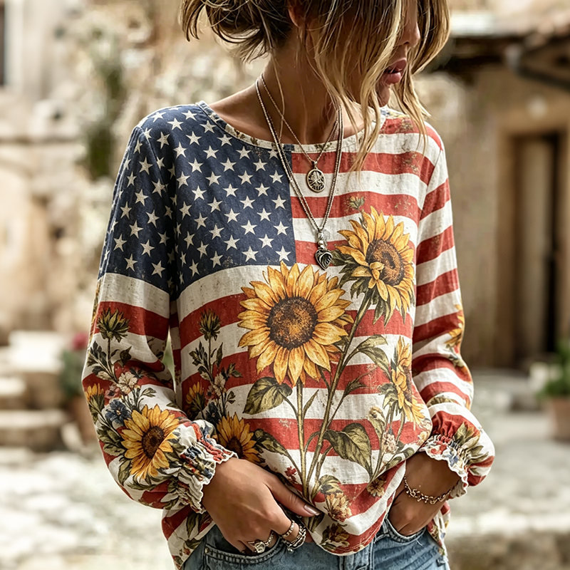  Women's Vintage Flags Floral Art Print Linen Blend T-shirt Westsshops