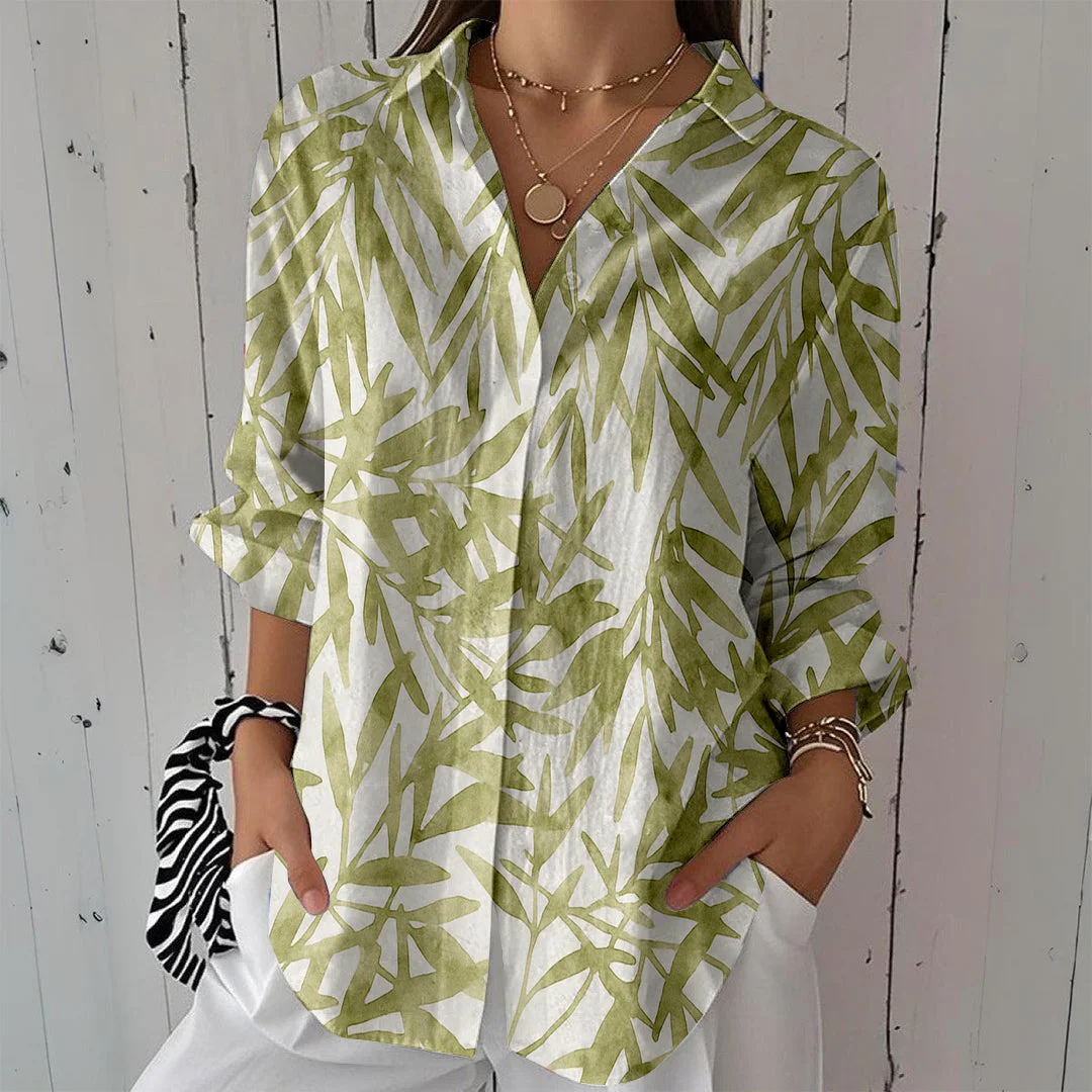 Style & Comfort for Mature Women Women Leaves,Green DZCL0274 3/4 Sleeve Shirt Collar Printed Button Tops