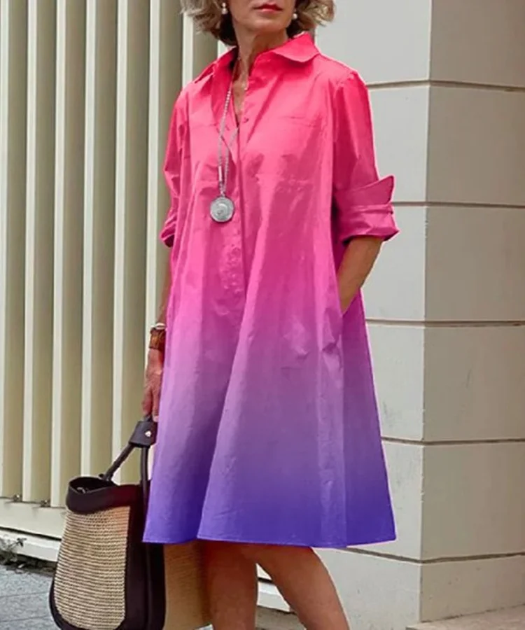 Autumn Spring and Summer New Gradient Printing Shirt Collar Long Sleeve Pocket Mid-Length Dress VangoghDress