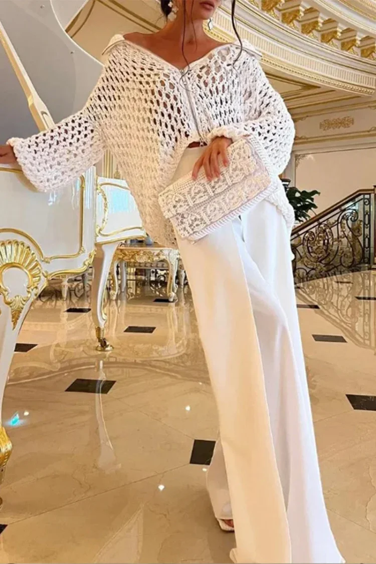 Celebrities Elegant Solid Hollowed Out Turndown Collar Long Sleeve Two Pieces
