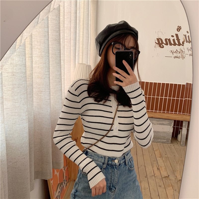 HELIAR Women T-shirts Elegant Stripes Knitted Tees Buttoned Up Long Sleeve Slim T-shirts For Women Sweater T-shirts 2020 Autumn