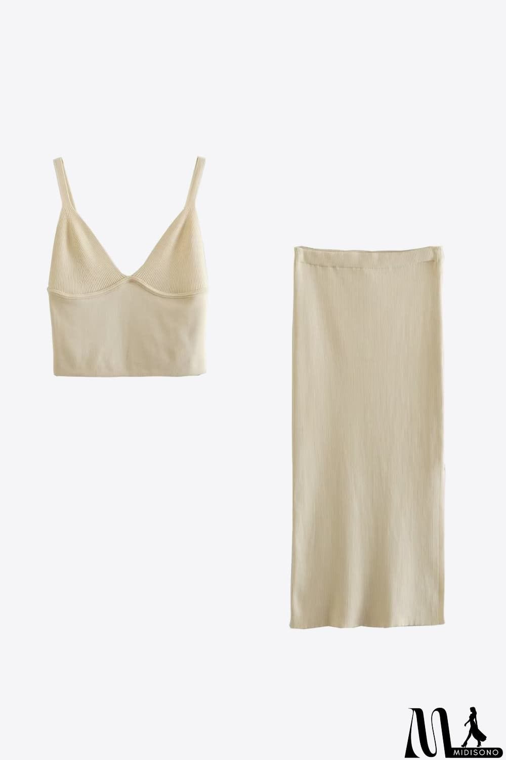 MidiSono - Ribbed V-Neck Cami and Skirt Set