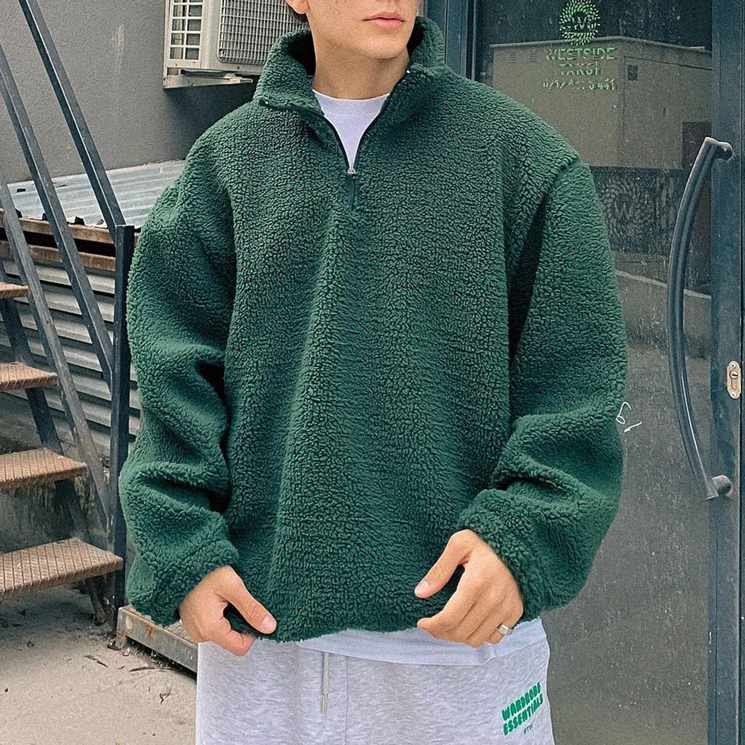 Men's Casual Teddy Velvet Half-zip Stand Collar Sweatshirt、、URBENIE
