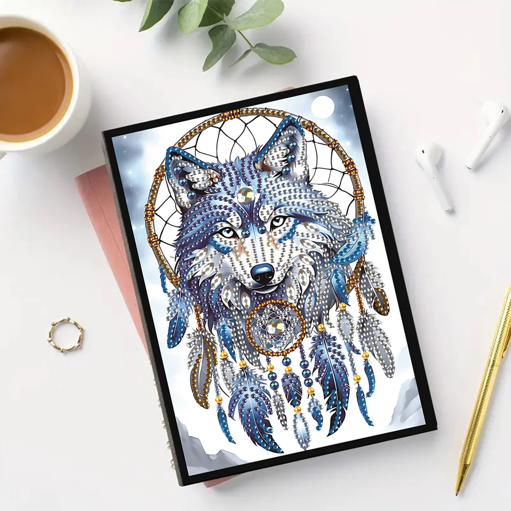 Animal Diamond Painting Notebook DIY Diamond Art Diary Book(Dreamcatcher Wolf B)