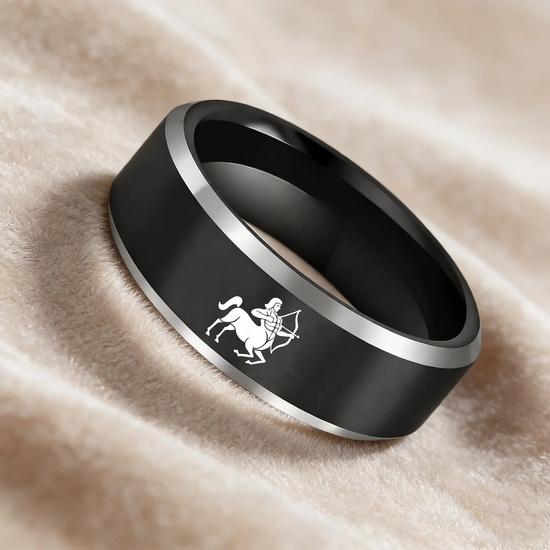 Beveled Edges Black Laser Etched Tungsten Carbide Rings Black Sagittarius Couple Wedding Bands 4MM 6MM 8MM