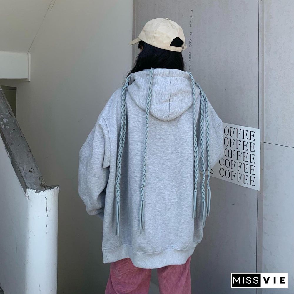 Fashion Women Sweatshirts Japanese Style Gray Casual Long Sleeve Loose Hooded Hoodies Spring Autumn Girls Lace Up Clothes