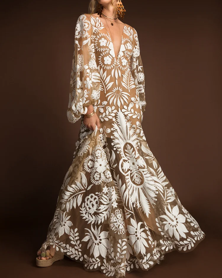 Elegant Floral Deep V Maxi Dress