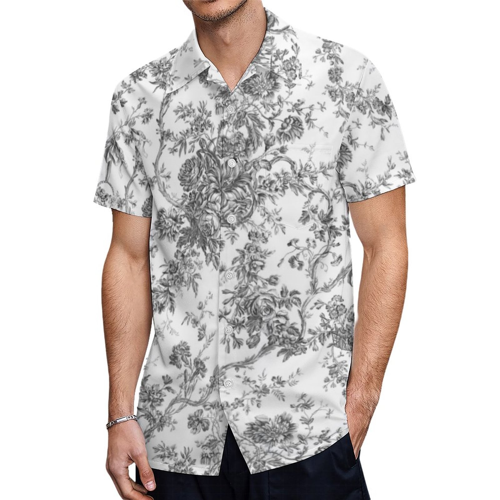 Elegant Vintage French Engraved Floral Toile Grey Hawaiian Shirt Mens Button Down Tropical Hawaii Beach Shirts