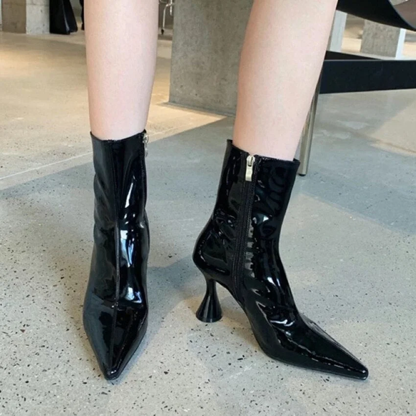 2021 Winter Fashion Women Boots Ladies Thin High Heel Pointed Toe Zipper Ankle Boots Patent Leather Female Short Boots