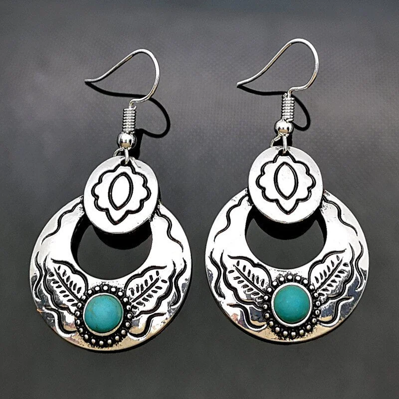 Retro Inlaid Green Stone Earrings Korean Version Fashion Flower Leaves Exaggerated Pendant Earrings Jewelry