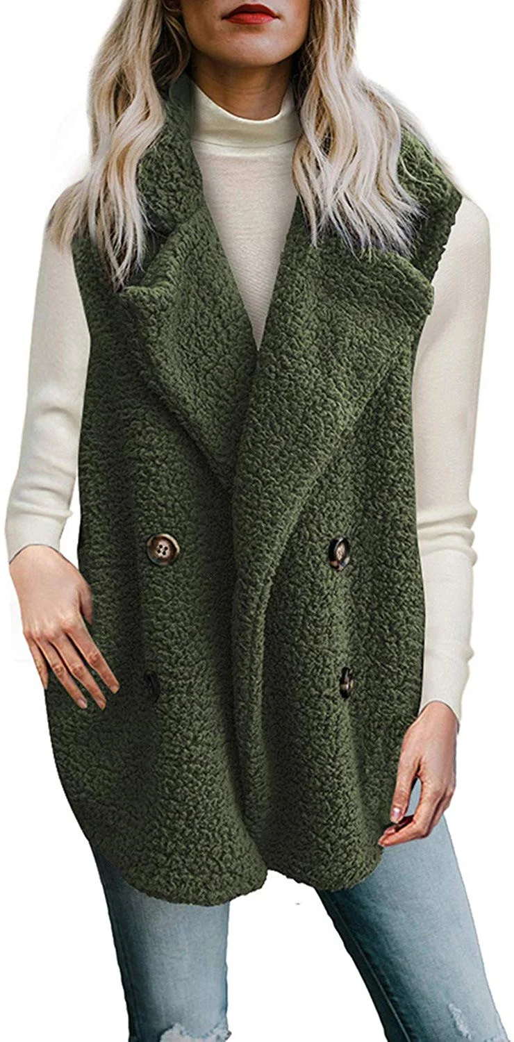 Womens Fleece Open Front Coat with Pockets Outerwear Cozy Fleece Jacket