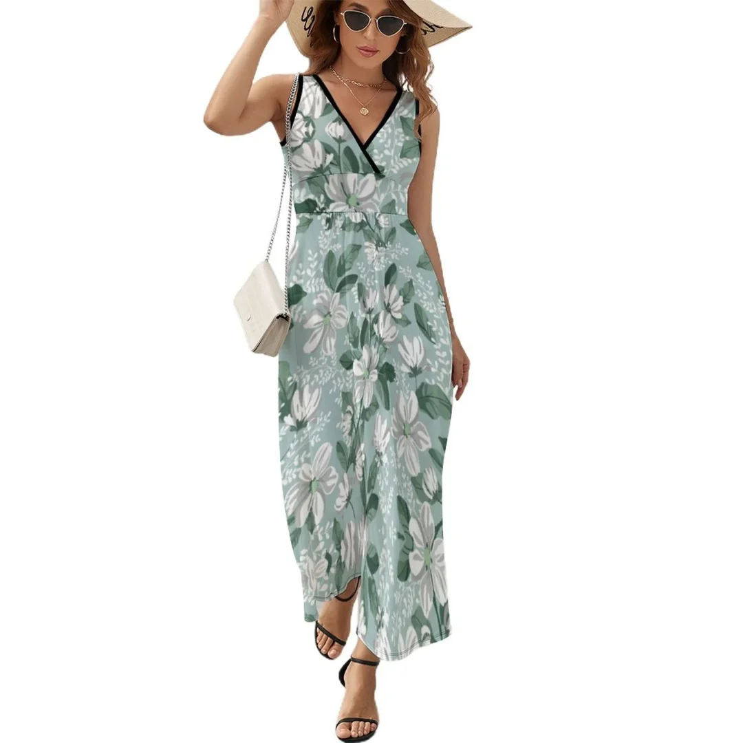 White Gray Flower Green Leaf Dresses Bohemian Floral Printed Sleeveless V-Neck Beach Party Maxi Dress