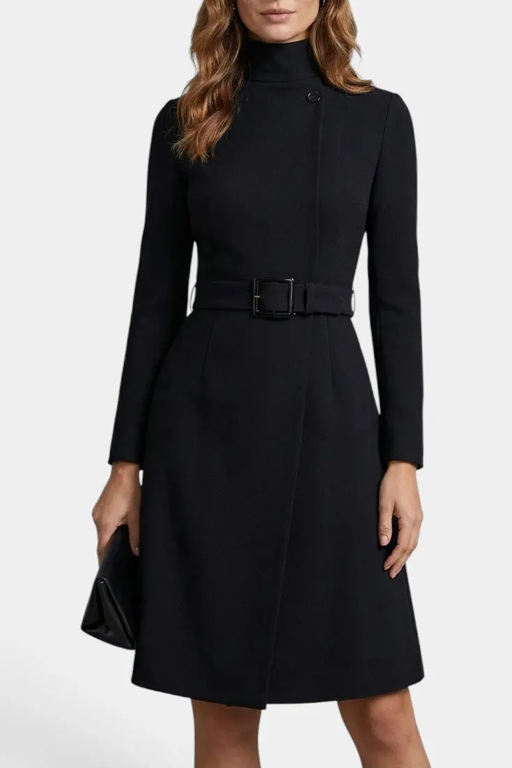 High-Neck Belted Midi Coat Dress