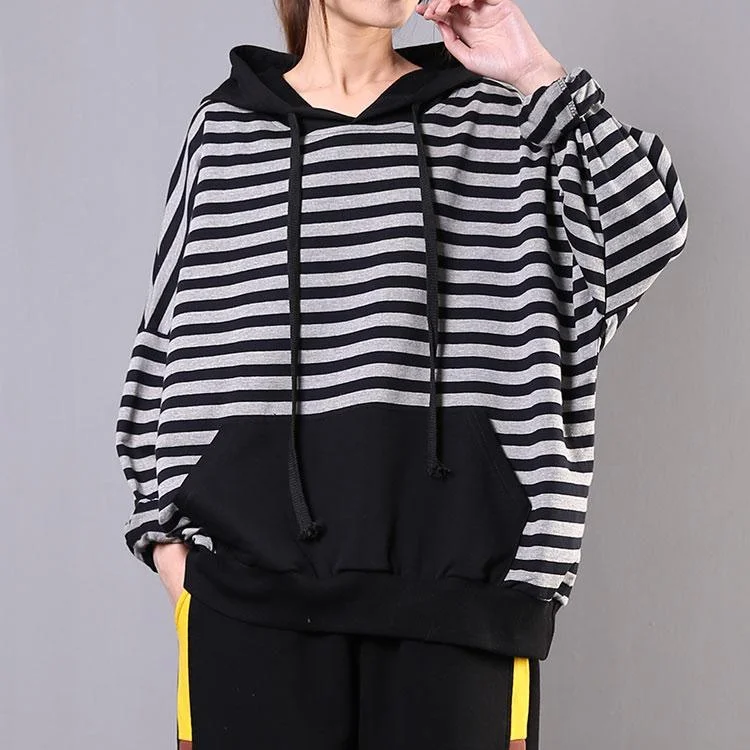 Simple hooded pockets cotton clothes For Women Work black striped blouse