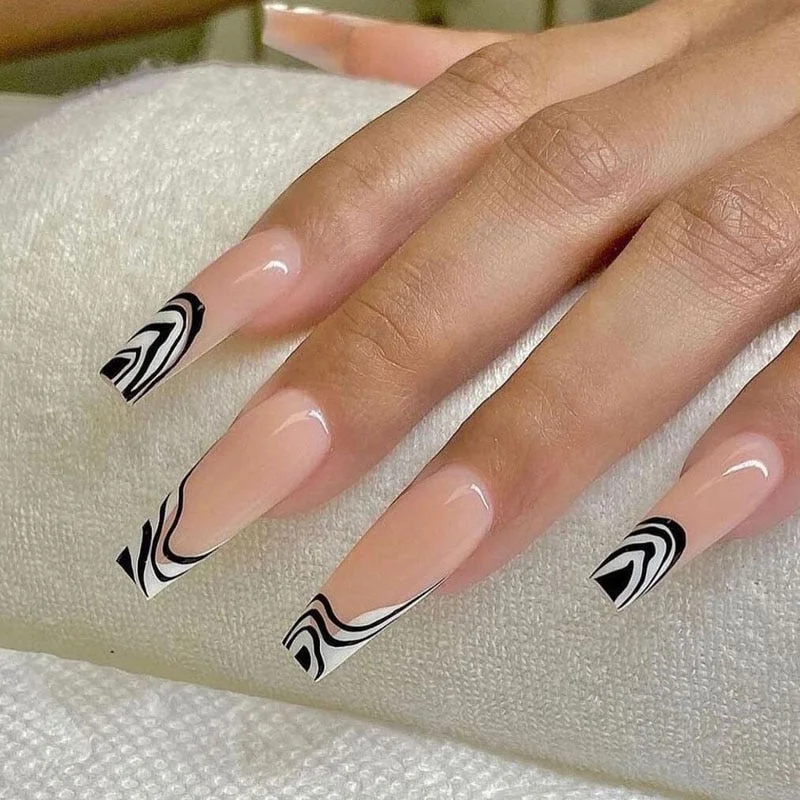 White French False Nails Detachable Long Rhinestone Coffin Fake Nails Acrylic Beauty Print Bride Ballerina Nail Art Full Tips-Nail Inspo