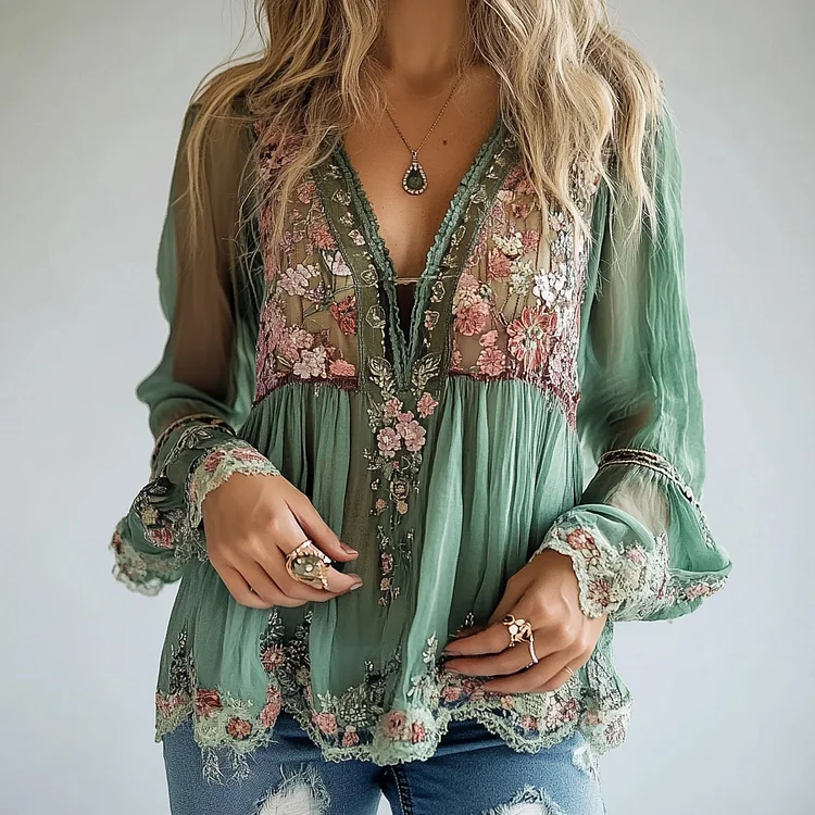 Ursime Floral Pattern V Neck Semi-Transparent Long Sleeve Blouse
