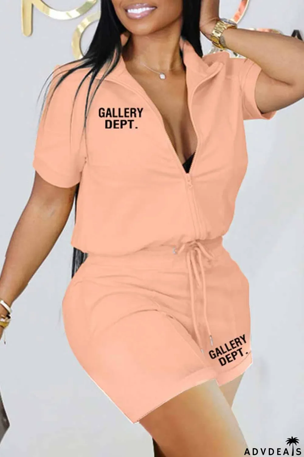 Black Casual Print Letter Zipper Collar Short Sleeve Two Pieces