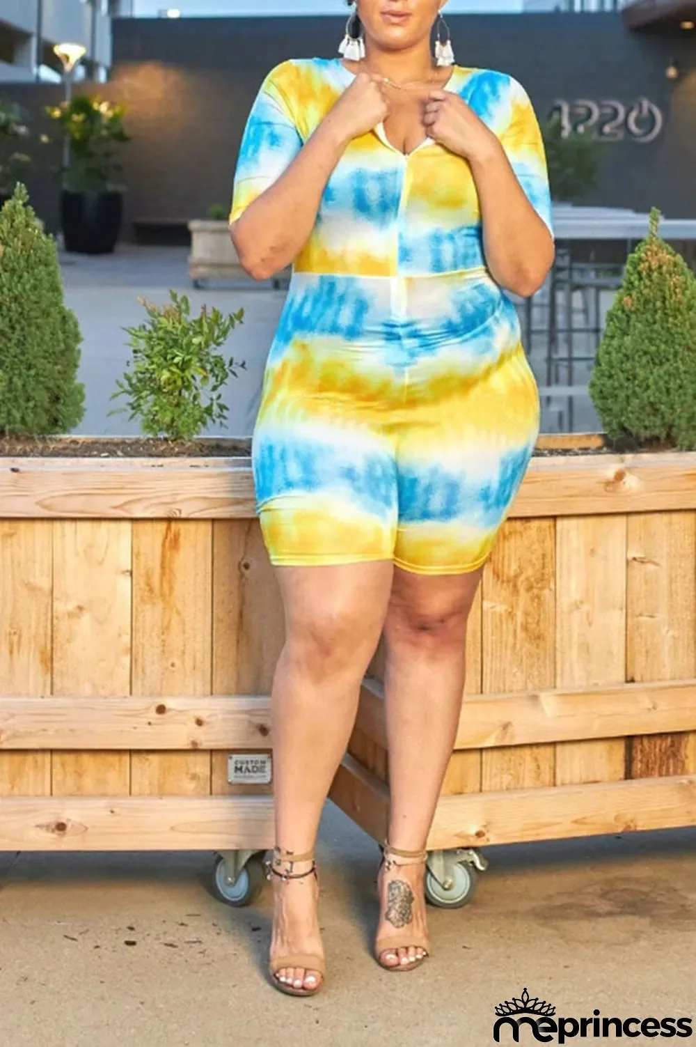 Yellow and blue Cotton England O Neck Print Tie Dye Pattern Plus Size