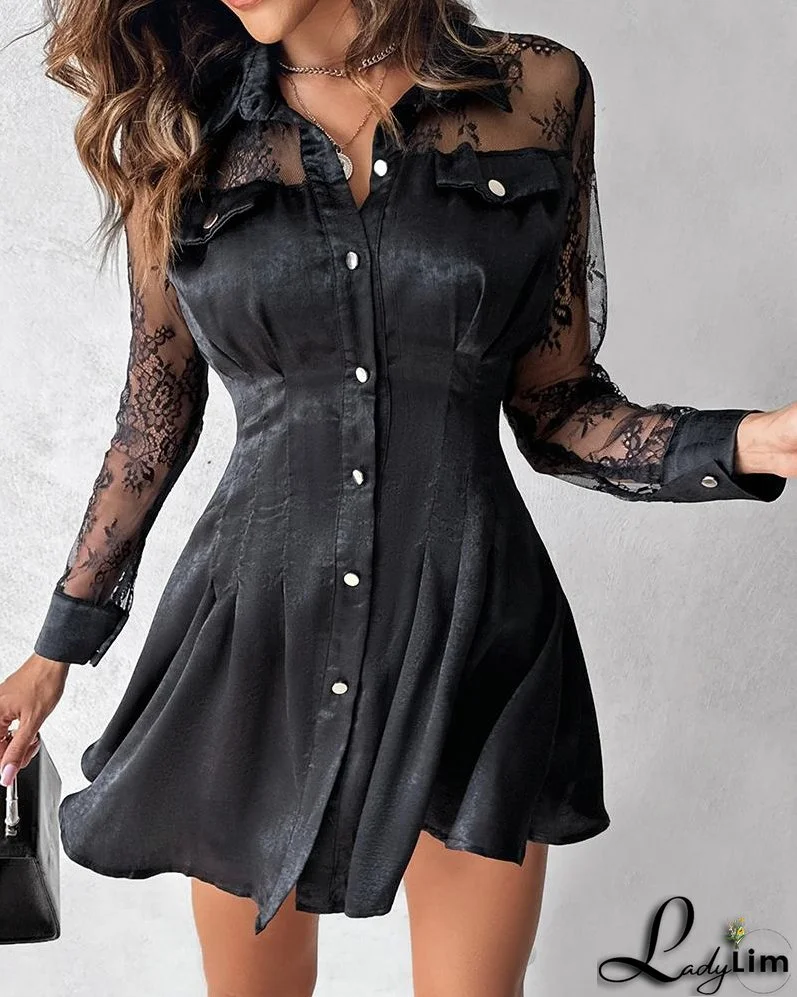 Contrast Lace Long Sleeve Button Down Shirt Dress