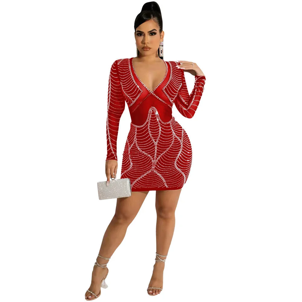 Neosepa-Sexy Deep V Neck Long Sleeve Transparent Mesh Rhinestone Bodycon Dress