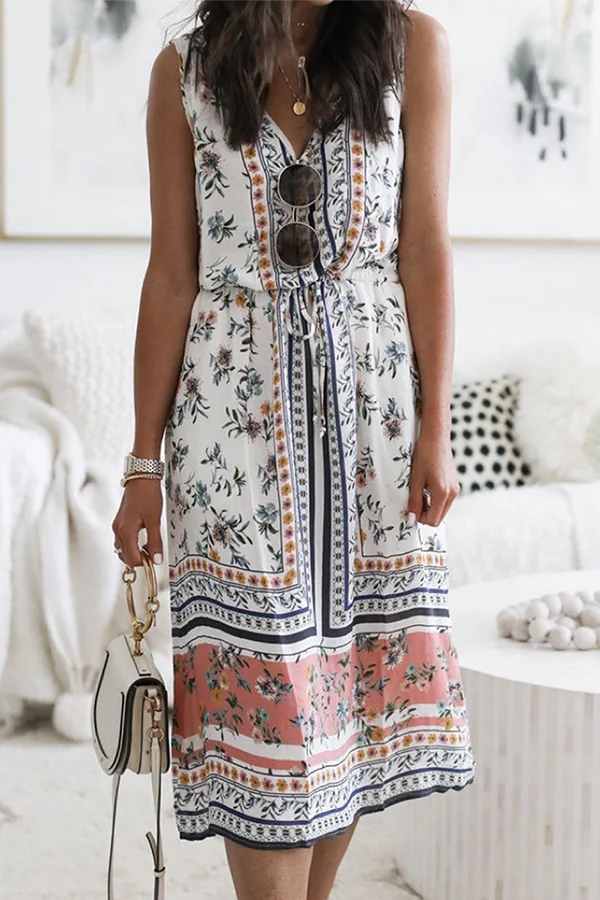 Casual Floral Split Joint Frenulum V Neck A Line Dresses